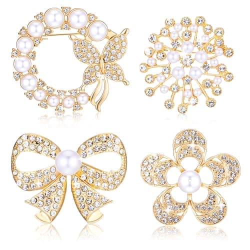 Image of 4 Pcs Pearl Brooches For Women, Flower Crystal Rhinestone Brooch, Elegant Wedding Engagement Dress Hat Decoration Jewelry Gift