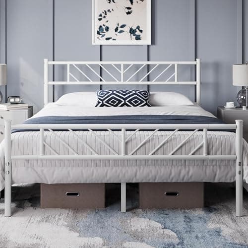 Image of Yaheetech 5ft King Bed Frames Metal Slatted Bed Platform with Modern Headboard, Under-bed Storage, No Box Spring Needed, for Home Bedroom White