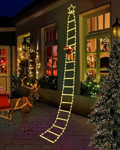 Image of 10ft LED Christmas Lights, Christmas Decorations Ladder Light with Santa Claus Indoor Outdoor, Window Lights, Garden Xmas Tree Light,8 Lighting Modes,USB Control-Warm White with Star