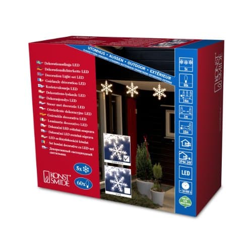 Image of Konstsmide Christmas Lights/LED Light Curtain Acrylic Snowflakes Set of 5 / Outdoor or Indoor Use (IP44) / 24V Transformer / 60 Warm White Diodes/Transparent Cable 4439-103EE