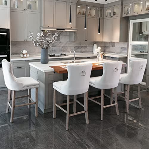 Image of HomeTouch Luxury Velvet Bar Stools Set of 4 Kitchen Breakfast Barstools with Wooden Legs for Bar Counter (4, Beige)