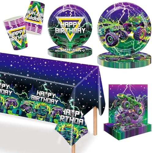 Image of MORAINJAY 69 Pcs Monster Truck Party Decorations,Monster Truck Birthday Party Tableware Set,monster truck decorations birthday Paper Plates,Paper Cups,Napkins,Truck Tableware(16 Guests)