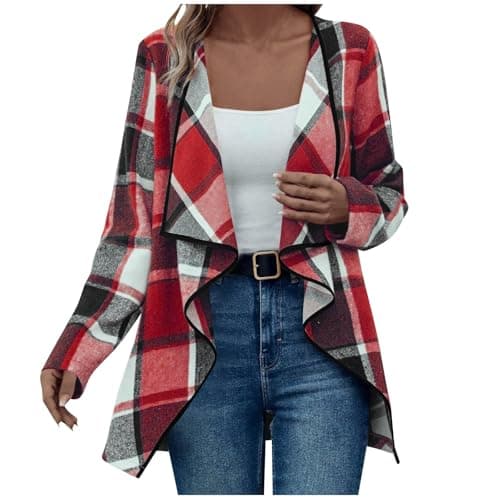 Image of Plaid Jackets for Women Wooled Long Sleeve Open Front Elegant Coat Checkered Casual Waterfall Cardigans Ladies Business Office Work Jacket Casual Smart Formal Cardigan Coats