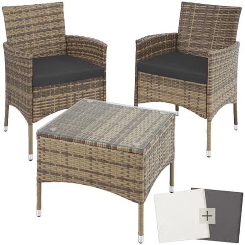 Image of tectake® Rattan Garden Set, 2 Chairs & 1 Table, Bistro Set made of Sturdy Steel Frame, Quality Polyrattan & Glass Tabletop. Weather Resistant & Includes Beige & Grey Cushion Covers - Nature