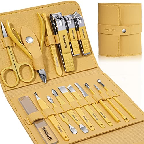 Image of Manicure Set Professional Nail Clippers Pedicure Kit, 16 pcs Stainless Steel Nail Care Tools Grooming Kit with Luxurious Travel Leather Case for Thick Nails Men Women Gift (Yellow)