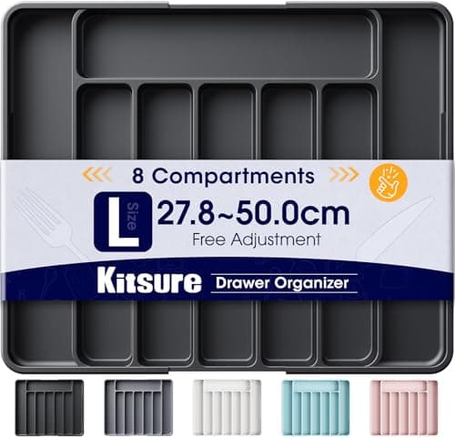 Image of Kitsure Large Cutlery Drawer Organiser for Kitchen - Adjustable Cutlery Tray for Effortless Utensil Sorting, Versatile Kitchen Storage & Organisation Solution, Black, 34.8 x 3.9 x 27.8~50.0 cm