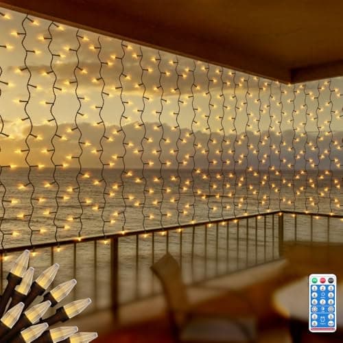 Image of CERIAL Curtain Lights Indoor Outdoor Solar Fairy Lights 2M X 2M 200LEDs Diamond Hanging Backdrop Curtain Fairy Lights Solar Waterfall Wall Light with Remote,Timer,Waterproof for Window Roof Eaves