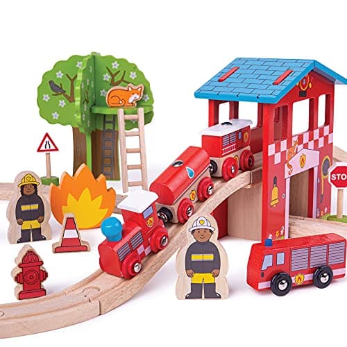 Image of Bigjigs Rail Fire Station Train Set | Wooden Railway Playset | 39 Piece Track & Accessories with Carriages, Tunnel, Road Signs, Firefighters | Classic Train Toy for Kids, Boys & Girls Age 3+