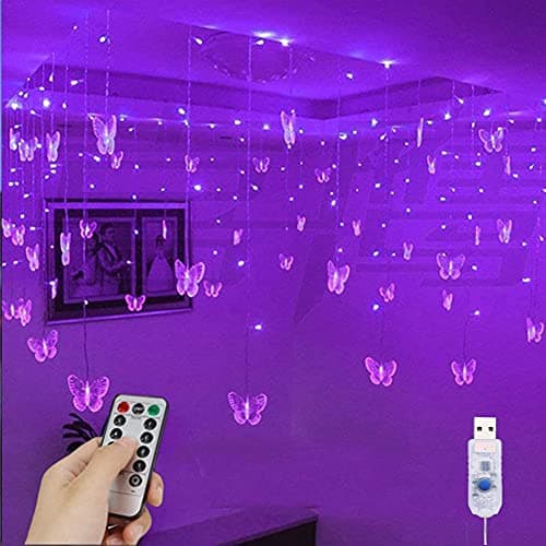 Image of YOLIGHT Butterfly Curtain Lights 4m 96 LED Fairy Lights 8 Modes with Remote Control, Hanging Butterfly String Lights for Room Girls Garden Ceiling Wall Party Wedding Christmas Decoration(Purple)