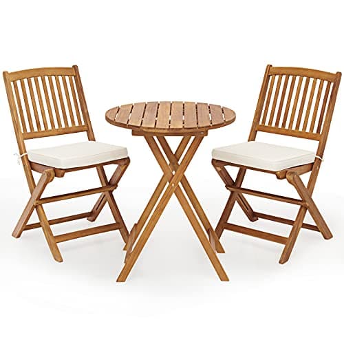 Image of TANGZON Wooden Folding Bistro Set, Outdoor Dining Table and Chairs Set with Slatted Tabletop & Seat, Acacia Wood Garden Furniture Set for Porch Balcony (Vertical Slatted Back,with White Cushions)