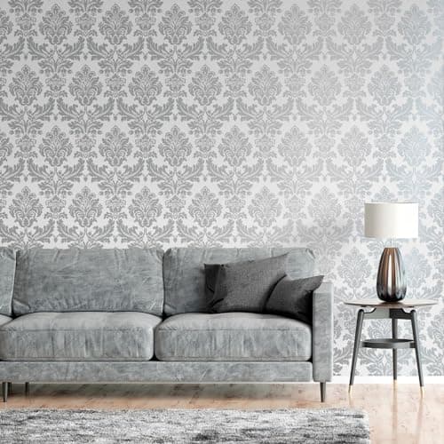 Image of SOPHIE LAURENCE Silver & Grey Damask Wallpaper | Vintage Floral Metallic Finish | Easy Apply & Washable | 0.52m x 10.05m