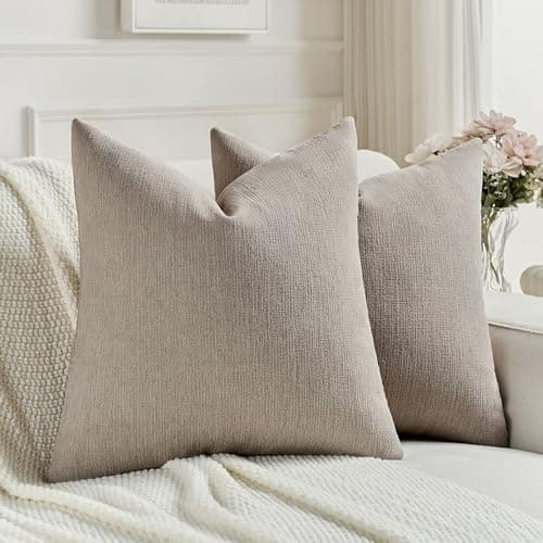 Image of FUTEI Set of 2 Chenille 50cm x 50cm Cushion Covers Soft Faux Linen Textured Scatter Pillow Covers 50 x 50 cm Neutral Farmhouse Accent cushions for Sofa Bedroom Living Room, Coffee