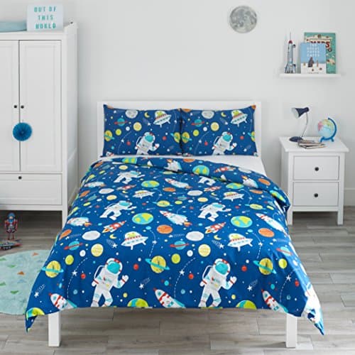 Image of Bloomsbury Mill - Kids Double Duvet Set - Kids Double Bedding for Boys and Girls - Outer Space, Rockets and Planets - Blue Childrens Double Bed Duvet Cover Set with 2 x Pillow Cases - 200x200cm