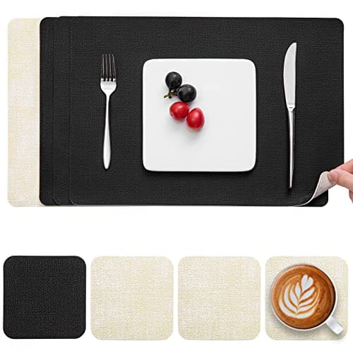 Image of Myir JUN Placemats and Coasters Set of 4, Place Mats Dual Sided Faux Leather Table Mats PU Indoor Outdoor Heat Resistant Placemat Square Non Slip Wipeable Washable Dining Restaurant (Black Linen)