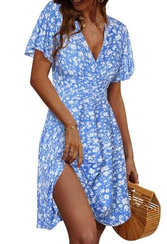 Image of CheChury Dresses for Women Summer Short Sleeve V-Neck Floral Wrap Dress Midi A-Line Boho Ladies Sundress for UK Casual/Beach/Party,Blue,M