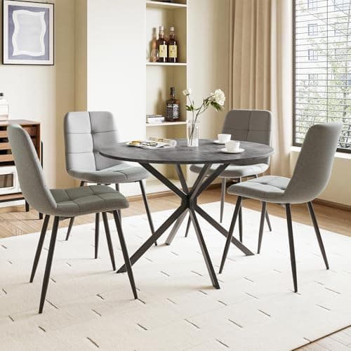 Image of Luxstein Round Dining Table and Chairs Set 4, 100cm Concrete Effect Folding Table with 4 Grey Upholstered Linen Chairs for Dining Room, Kitchen
