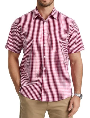 Image of HISDERN Men's Checked Red Shirt Men Short Sleeve Casual Button Dwon Gingham Plaid Shirts for Men Formal Summer Regular Fit Work with Pocket M