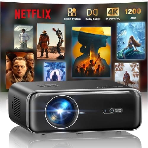 Image of 【Netflix Included/Dolby Audio】Smart 4K Projector,1200ANSI FHD 1080P Portable Projector,HDR10 Short Throw Auto Focus/Keystone WiFi6 Bluetooth 50% Zoom Home Cinema Projectors for Bedroom,Outdoor,Gifts