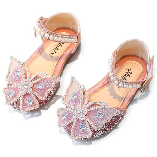 Image of VTASQ Girl Sandals Glitter Princess Shoes Dress Up Bling Bowknot Flats Comfort Mary Jane Dance Party Cosplay Shoe for Little Girls Pink UK 13