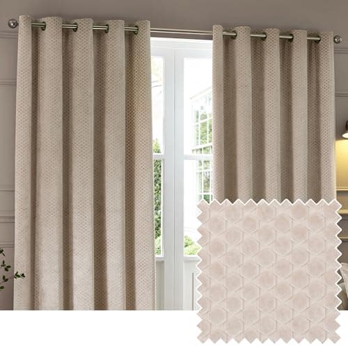Image of Paoletti Neptune Eyelet Curtain Pair – Lined Room Darkening Luxury Velvet Geometric Curtains (Champagne - 117x183cm)