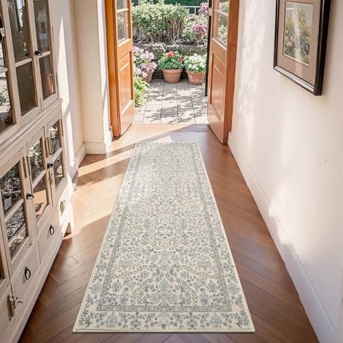 Image of TOPICK Vintage Floral Runner Rug 60x150cm Entryway Machine Washable Non Slip Soft Rug Low-Pile Thin Carpet for Living Room Kitchen Bedroom Bathroom Blue