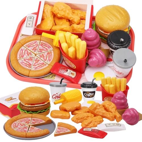 Image of 40 Pieces Play Food Toys, Kids Kitchen Hamburger Fast Food Playset for Age 3+ Boy Girls Kids Children Kitchen