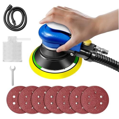 Image of 6" Air Random Orbital Sander with Dust Extraction | 10500RPM Variable Speed, 5mm Orbit for Auto Body, Wood & Metal Polishing, Pneumatic Palm Sander with 7pcs Sand Paper for DIY & Professional Use