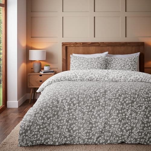 Image of Catherine Lansfield Brushed Grace Floral Leaf Cotton Reversible Double Duvet Cover Set with Pillowcases Grey
