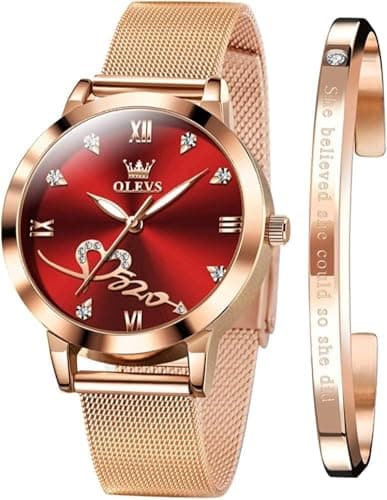 Image of OLEVS Ladies Watches Rose Gold Mesh Strap Fashion Dress Quartz Waterproof Luminous Female Wrist Watches for Women Bracelet Sets