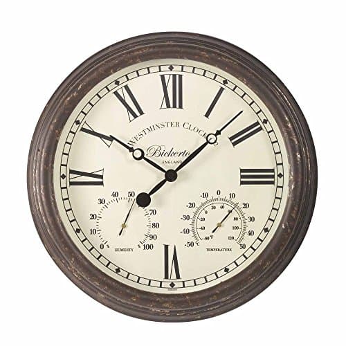 Image of Bickerton Outdoor and Indoor Wall Clock with Thermometer and Hygrometer, Large 15 Inch Face