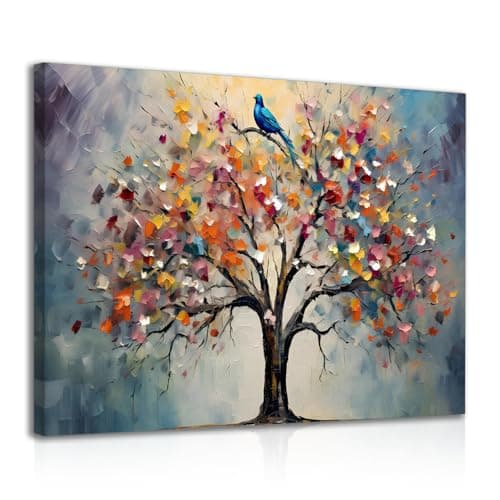 Image of Dazzlewall Framed Colourful Tree of Life Wall Art Print, Vintage Flower Tree Painting Picture for Bedroom Living Room Decor 12x16 in