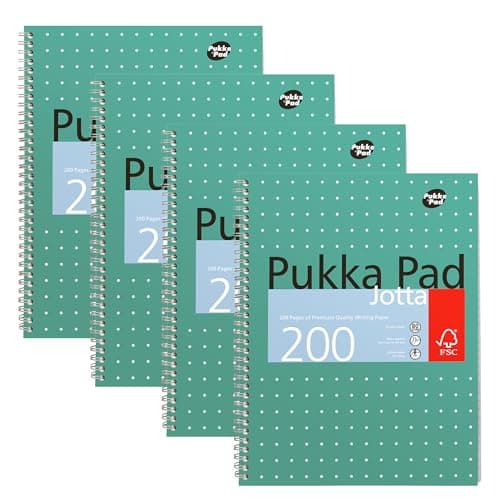 Image of Pukka Pad, A4 Metallic Jotta Book 4 Pack – 21 x 30cm – Wirebound Notebook with 8mm Lines and 80GSM Paper – Features 4-Hole Punch Margins and Perforated Edges - 200 Pages, Green