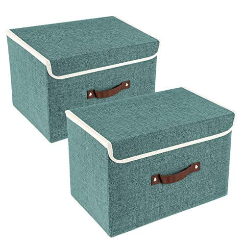 Image of TYEERS Collapsible Storage Box with Lid, Fabric Storage Box for Clothes, Wardrobe Storage, 38x25x25 cm, Set of 2, Aqua Deep