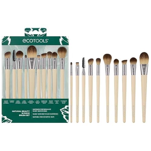 Image of EcoTools Natural Beauty 10 Piece Brush Set - Vegan Tools For Full Face And Eye Looks: Liner, Shadow, Crease, Brow, Setting, Base. Cruelty-Free, Eco-Made, Easy To Clean, Works With All Formulas