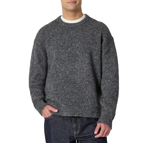 Image of Amazon Essentials Men's Relaxed-Fit Faux Mohair Crewneck Pullover Jumper, Charcoal Heather, S
