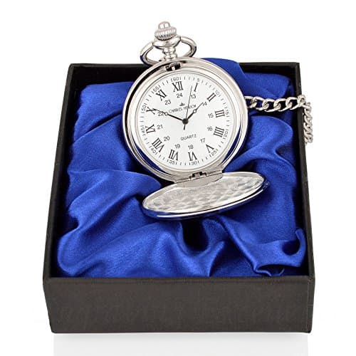 Image of Charles Hendon Personalised Engraved Pocket Watch with Roman Numbers and Spare Battery Gold or Silver, with Satin Box or Without, with Free Engraving (PW Roman Silver Boxed)