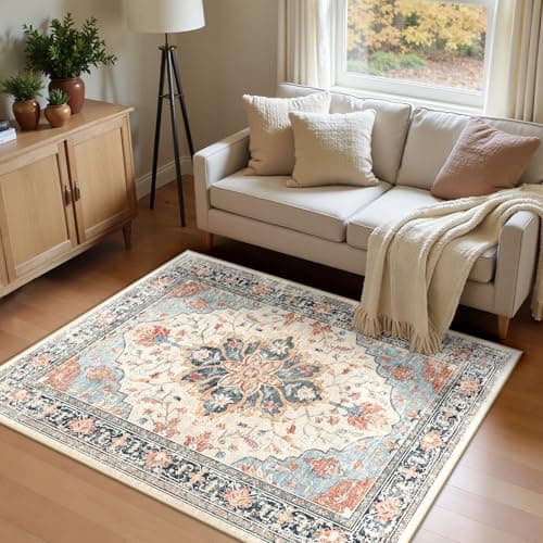 Image of INOVADAY Machine Washable Rugs 120x180 cm Vintage Area Rug Low Pile Anti-Slip Carpet with Print Pattern for Living Room Bedroom Home Office Indoor Beige/Blue/Orange