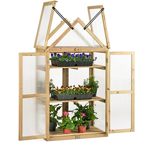 Image of Christow Wooden Greenhouse Garden Cold Frame Lean To Grow House Polycarbonate Windows (H130cm x W70cm x D40cm) (Natural Finish)