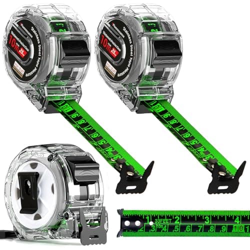 Image of 2 Pack 10M Fluorescent Steel Tape Measure - Retractable Stainless Steel Measuring Tape, Self-Lock Precision 10 Metre Tape Measure, Double-Sided Graduated, 25mm Width, Waterproof Metric Ruler