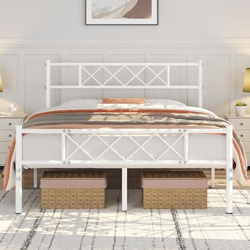 Image of Yaheetech 4ft6 Double Bed, Metal Platform Bed Frame Solid Bedstead Base with Cross-design Headboard and Footboard, Underbed Storage Space, Slatted Bed Fits for Teenagers/Adults, White