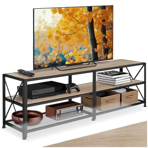 Image of tectake® TV Unit with 3 Open Shelves, Modern Console Table with Industrial Steel Frame & Wood-Look Shelves, Low Sideboard for Living Room, Hallway & Bedroom, 161 x 41.5 x 50.5 cm - Light Wood