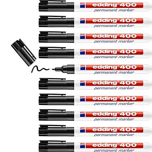 Image of Edding 400 Permanent Marker - Black - 10 Pens - Fine Round Tip 1 mm - Waterproof, Quick-Drying, Smear-Proof Pens - for Cardboard, Plastic, Wood, Metal, Glass and Fabric, 4888108
