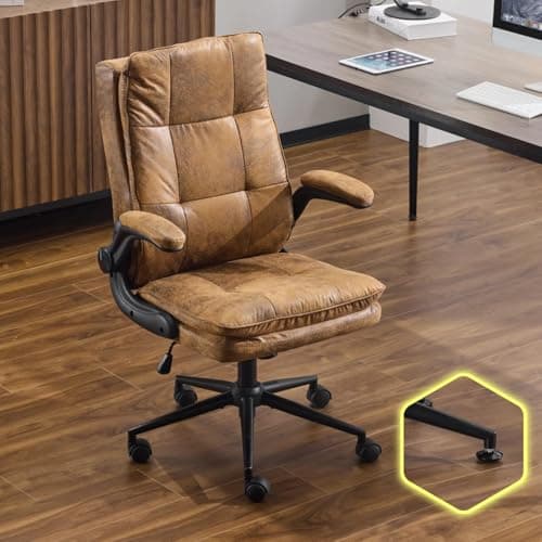 Image of Bonnlo Comfy Leather Office Desk Chair,Ergonomic High-Back Executive Computer Gaming Chair with Replaceable Wheels, Adjustable Height & Flip-up Armrests,360 Swivel Task Chair for Home Office, Brown