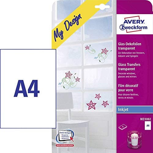 Image of Avery MD3002 Printable Adhesive- Glass Stickers for Inkjet Printers, Transparent (4 A4 Sheets)