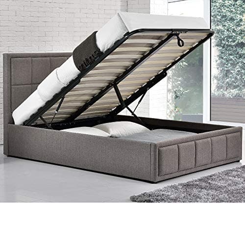 Image of Fabric Ottoman Storage Bed, Happy Beds Hannover Grey Upholstered Modern Bed - 4ft6 Double (135 x 190 cm) Frame Only