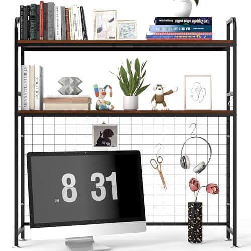Image of aleawol Computer Desktop Bookcase, 98x95x20cm, 2-Tier Metal and Wood Desktop Bookshelf Storage with Grid, Multipurpose Display Rack Desk Hutch Organizer for Home Office Dorm