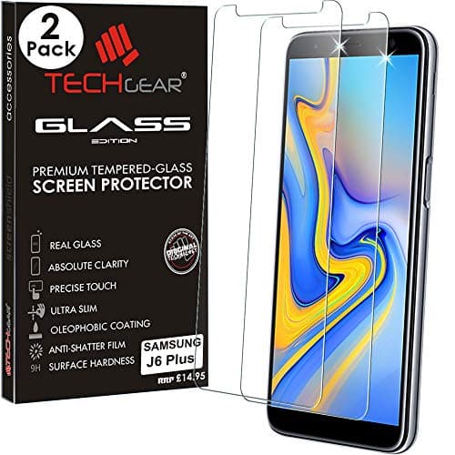 Image of TECHGEAR [2 Pack] GLASS Edition for Samsung Galaxy J6 Plus, J6+ 2018 Genuine Tempered Glass Screen Protector Guard Cover Compatible with Samsung Galaxy J6+