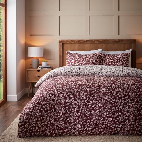 Image of Catherine Lansfield Brushed Grace Floral Leaf Cotton Reversible King Duvet Cover Set with Pillowcases Red