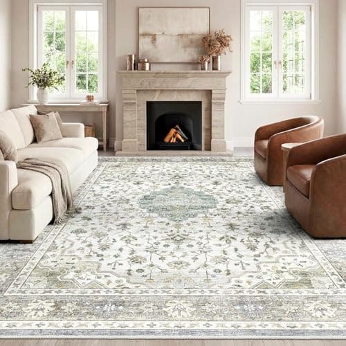 Image of HOMFINE Vintage Washable Rugs for Living Room - 200x300cm Beige Green Area Rug for Bedroom Living Room Traditional Printed Design, Low Pile, Non-Slip, Non-Shedding