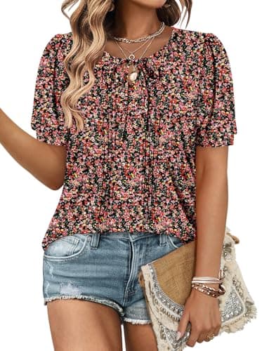 Image of KISSMODA Womens Crew Neck Puff Sleeve Blouses Pleated Shirts Solid Color Tops with Tie Bow